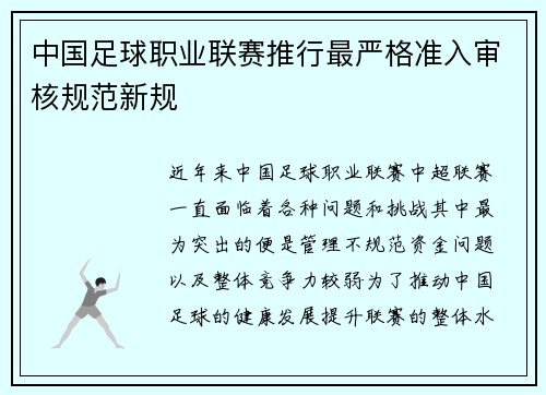 中国足球职业联赛推行最严格准入审核规范新规