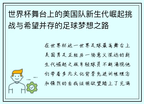 世界杯舞台上的美国队新生代崛起挑战与希望并存的足球梦想之路